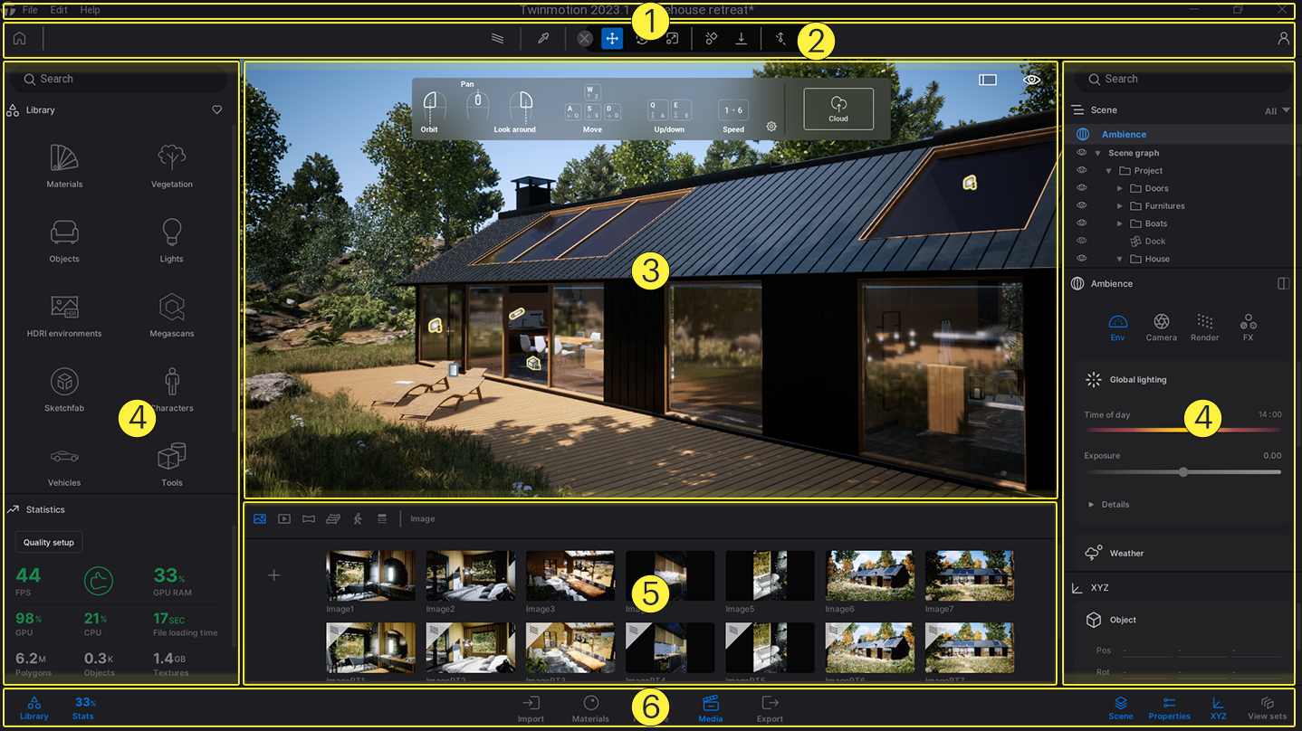 Twinmotion用户界面包含的六个主要区域